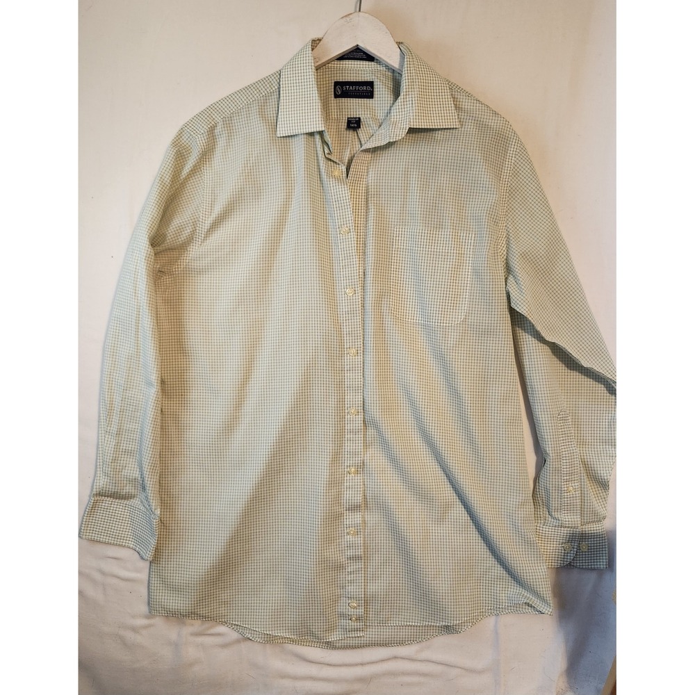 Stafford Essentials Mens Green Gingham Button Down Shirt 16.5 34/35 Regular Fit